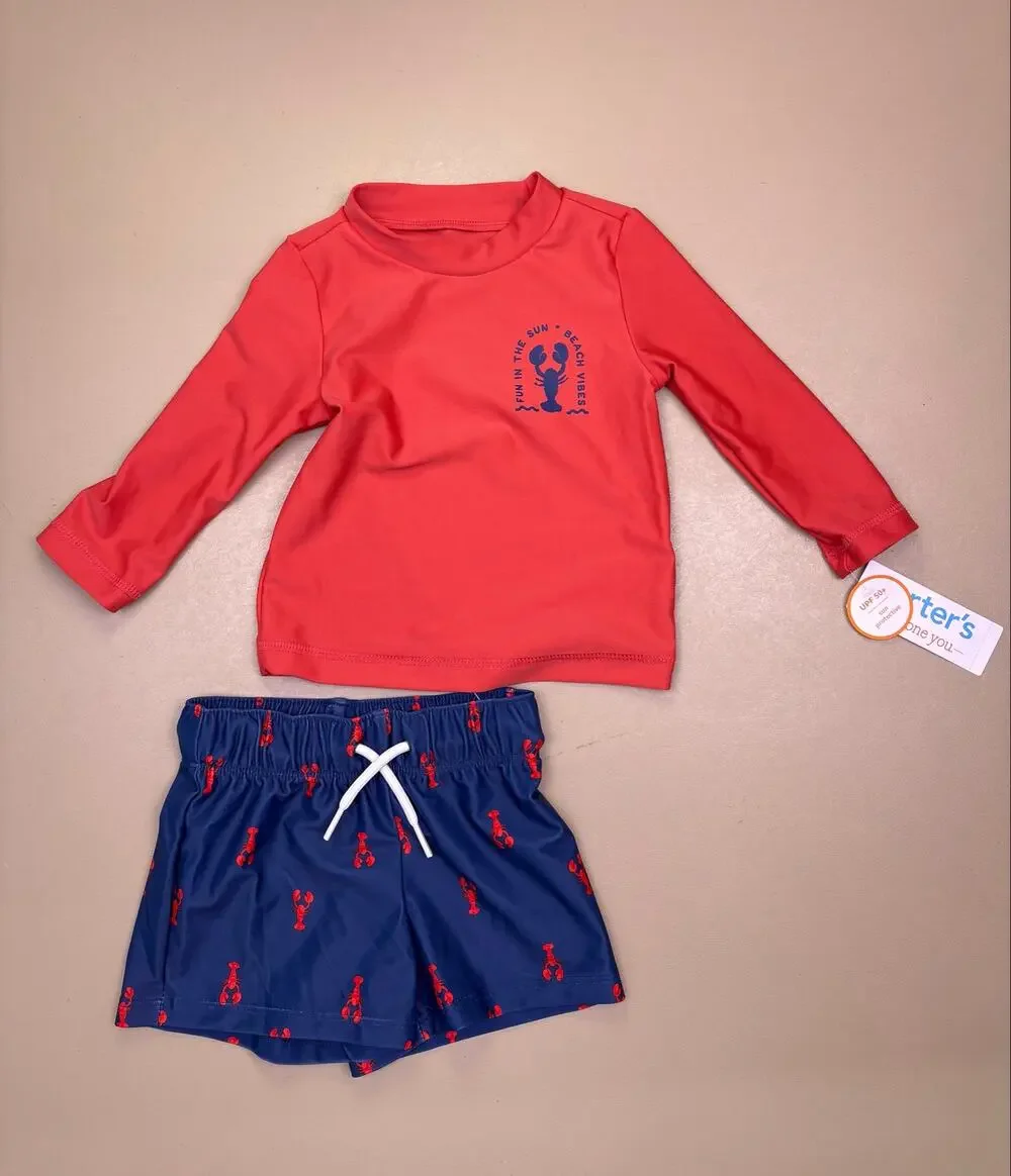 Carter’s Baby Rash Guard Swim Set 9M UPF 50+ Lobster Swim Trunks 2 Piece NWT